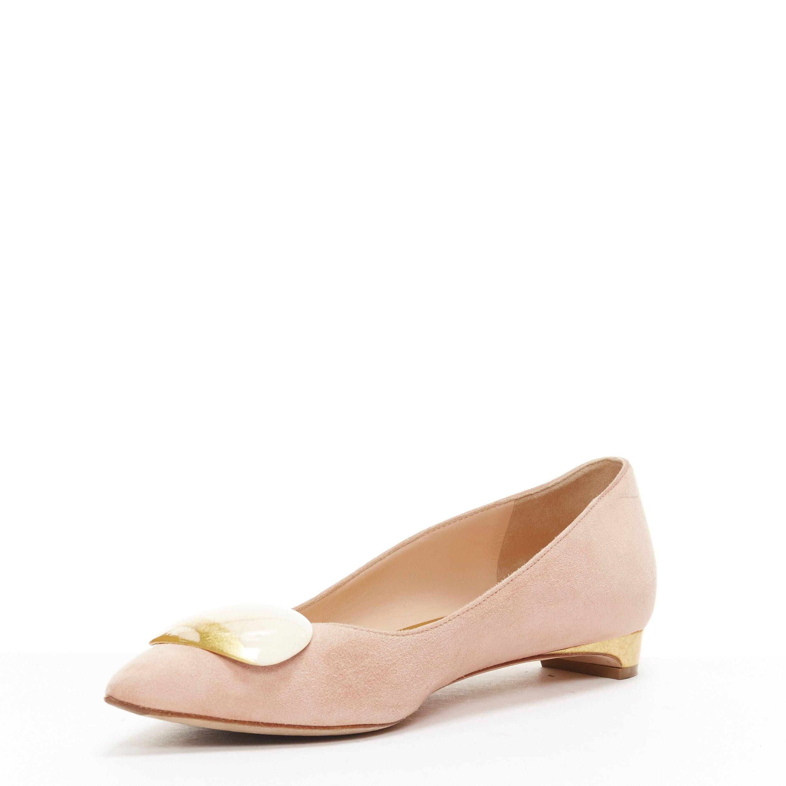 Women's RUPERT SANDERSON pink blush suede nude gold buckles pointy flats EU37 For Sale