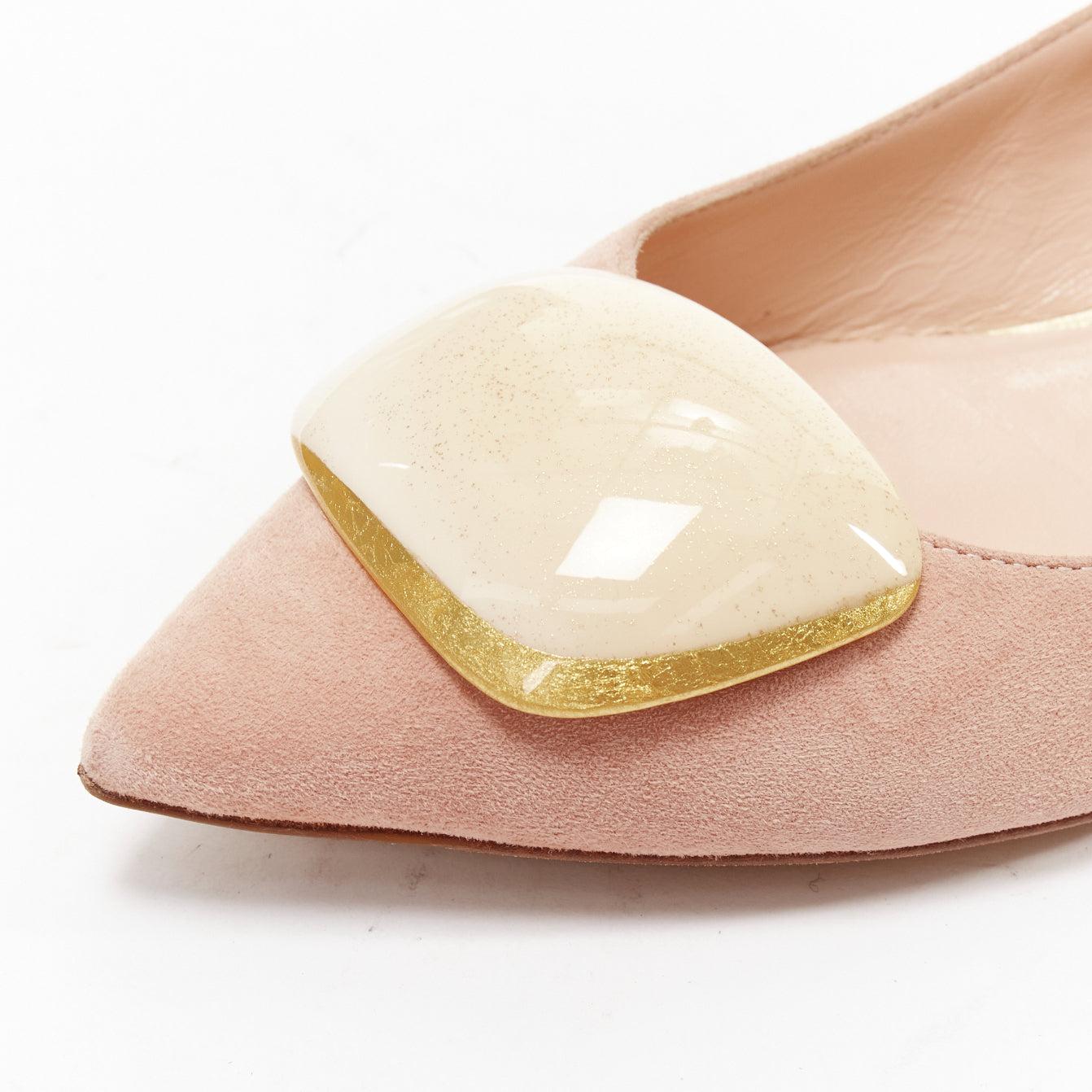 RUPERT SANDERSON pink blush suede nude gold buckles pointy flats EU37 For Sale 3