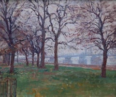 Battersea Park London - British 40's Impressionist oil landscape Thames bridge