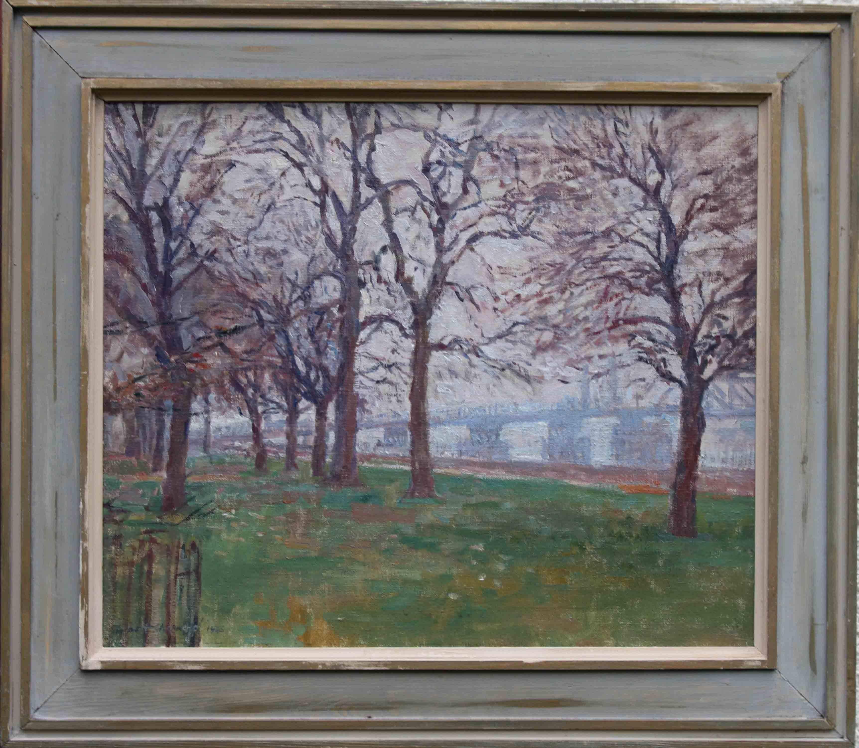 Rupert Shephard Landscape Painting - Battersea Park London - British 40's Impressionist oil landscape Thames bridge