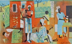 African Interior - Mid Century Modern Cubist Colour Linocut Print Picture