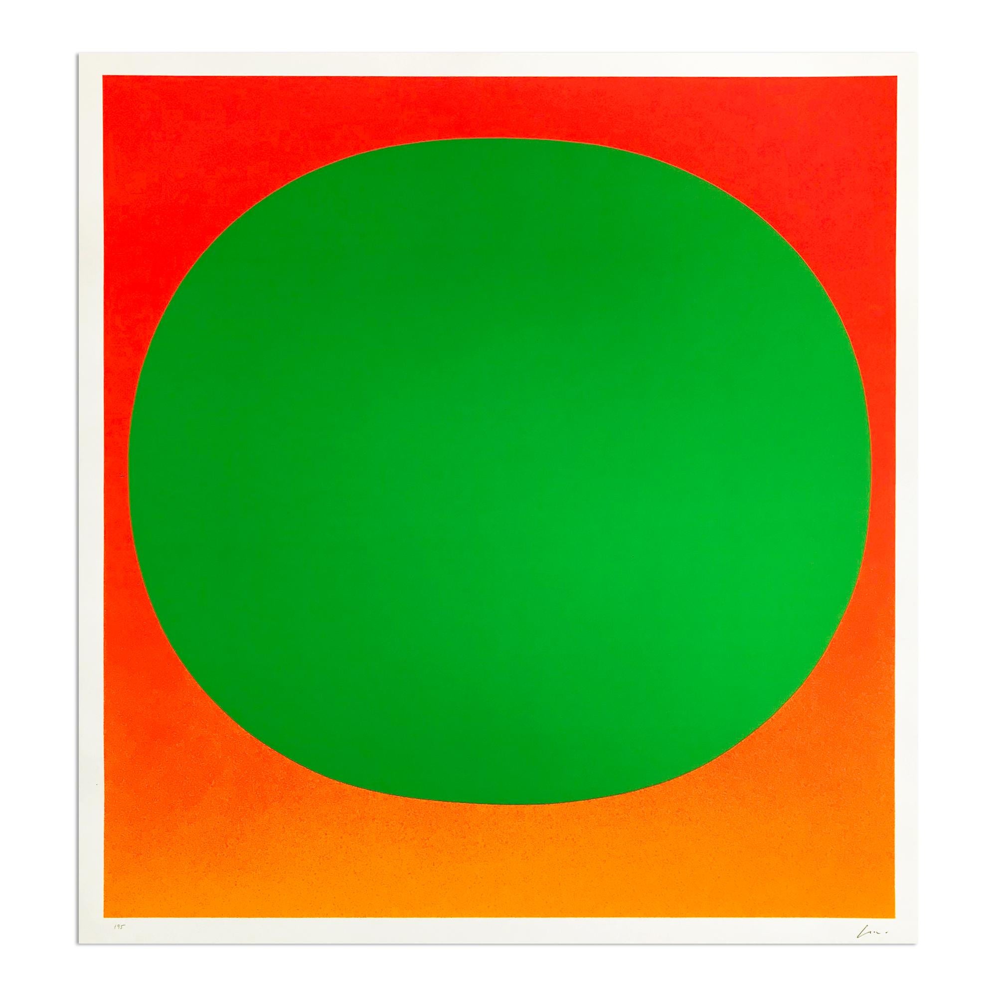 Rupprecht Geiger (German, 1908-2009)
Orange on Yellow (from "Colour in the Round"), 1969
Medium: Silkscreen in colours, on thin cardboard
Dimensions: 28 × 26 in (71 × 66 cm)
Edition of 95: Hand-signed and numbered
Condition: Very good