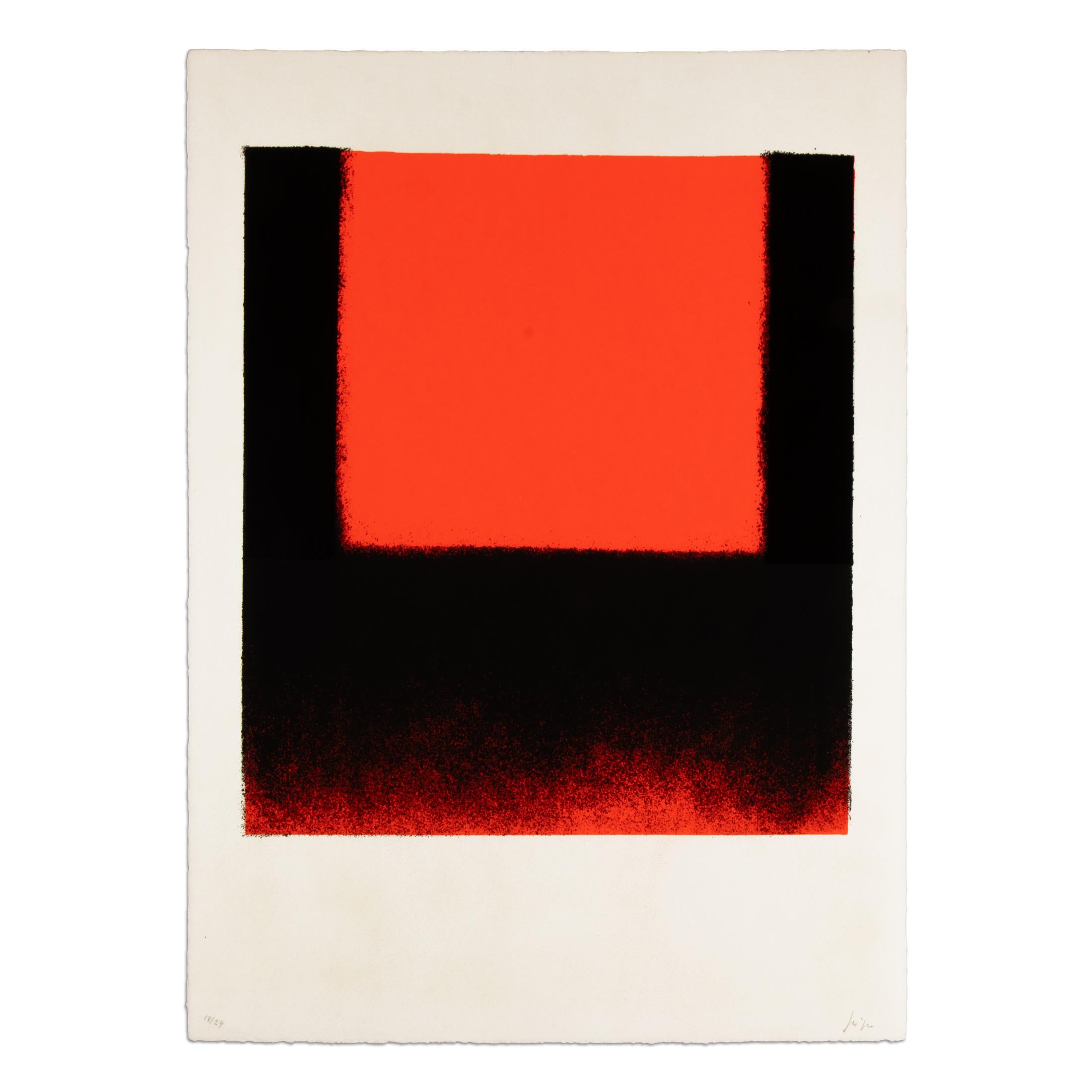 Rupprecht Geiger (German, 1908-2009)
Leuchtrot Warm - Schwarz, 1965
Medium: Screenprint on wove paper
Dimensions: 59 x 42.5 cm (23.2 × 16.7 in)
Edition of 24: Hand-signed and numbered in pencil
Catalogue raisonné: WVG 78-4
Condition: Very good