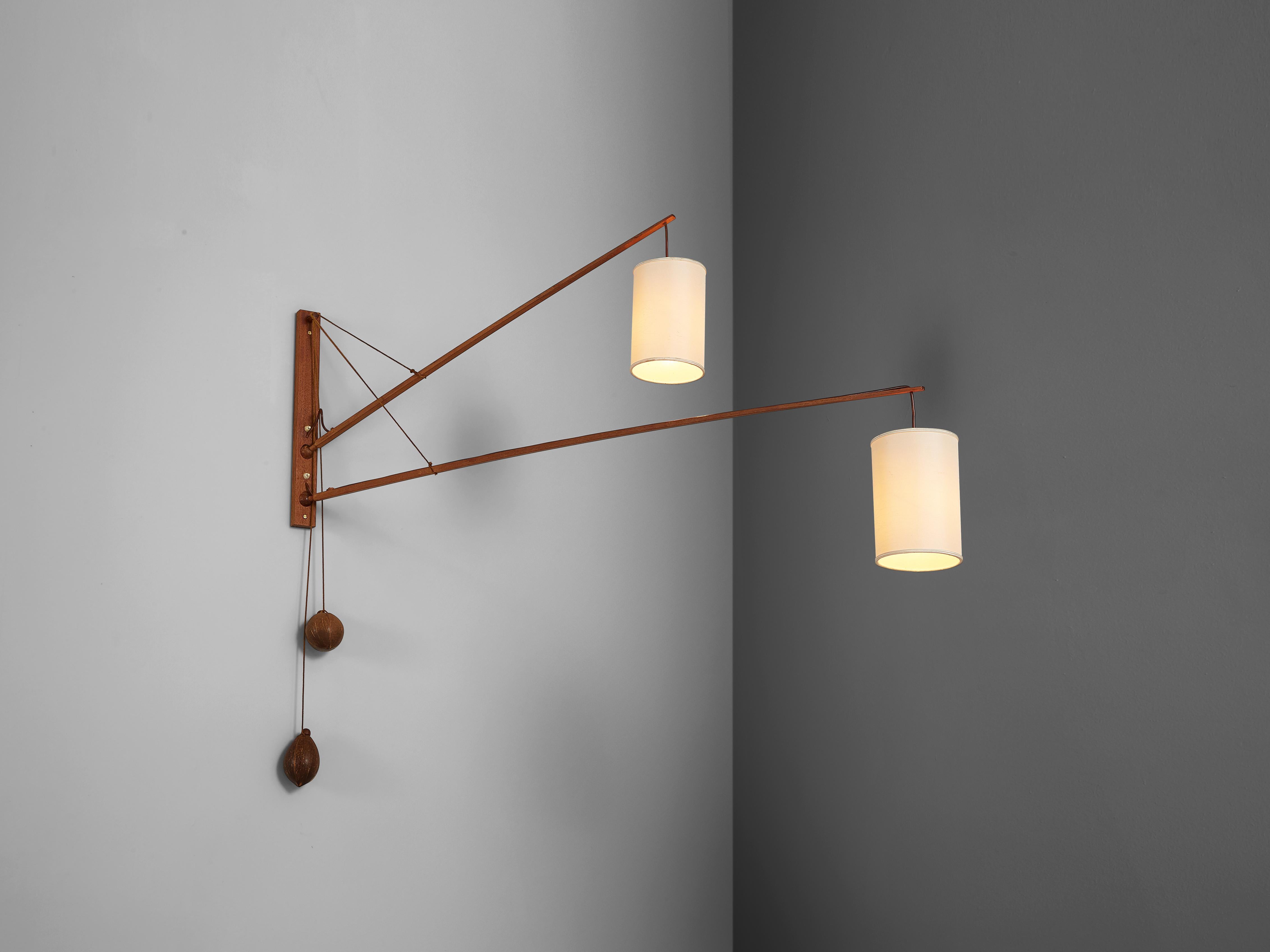 Rupprecht Skrip for Skrip Leuchten, wall lamp, teak, cord, parchment, Germany, 1958.

Refined German wall lamp with two adjustable arms designed by Rupprecht Skrip. Through a cord the two arms in teak are adjustable in height and position. Two