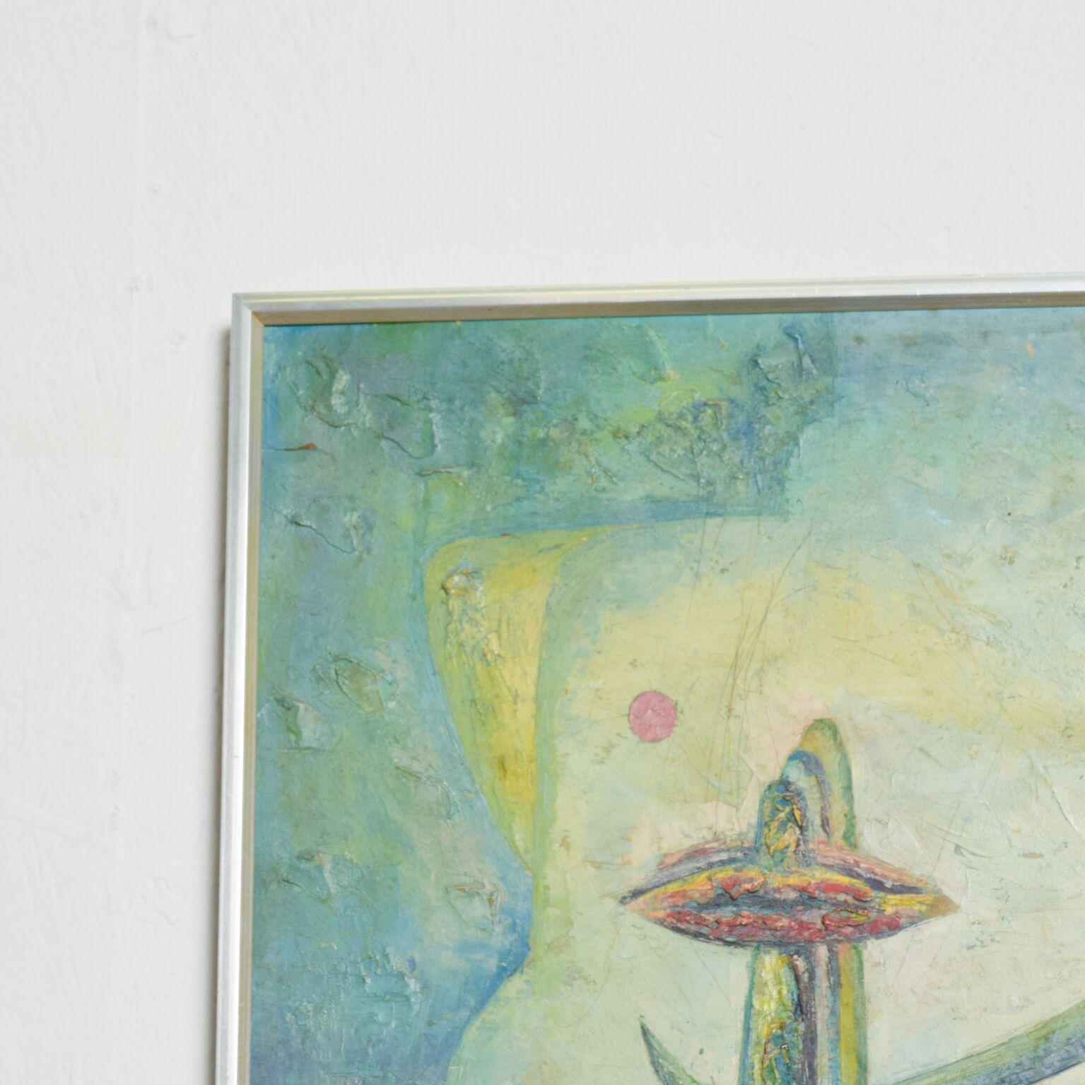 Ruptura Surrealism Art Abstract Oil Canvas in Aqua by Drejel, 1970s In Good Condition In Chula Vista, CA