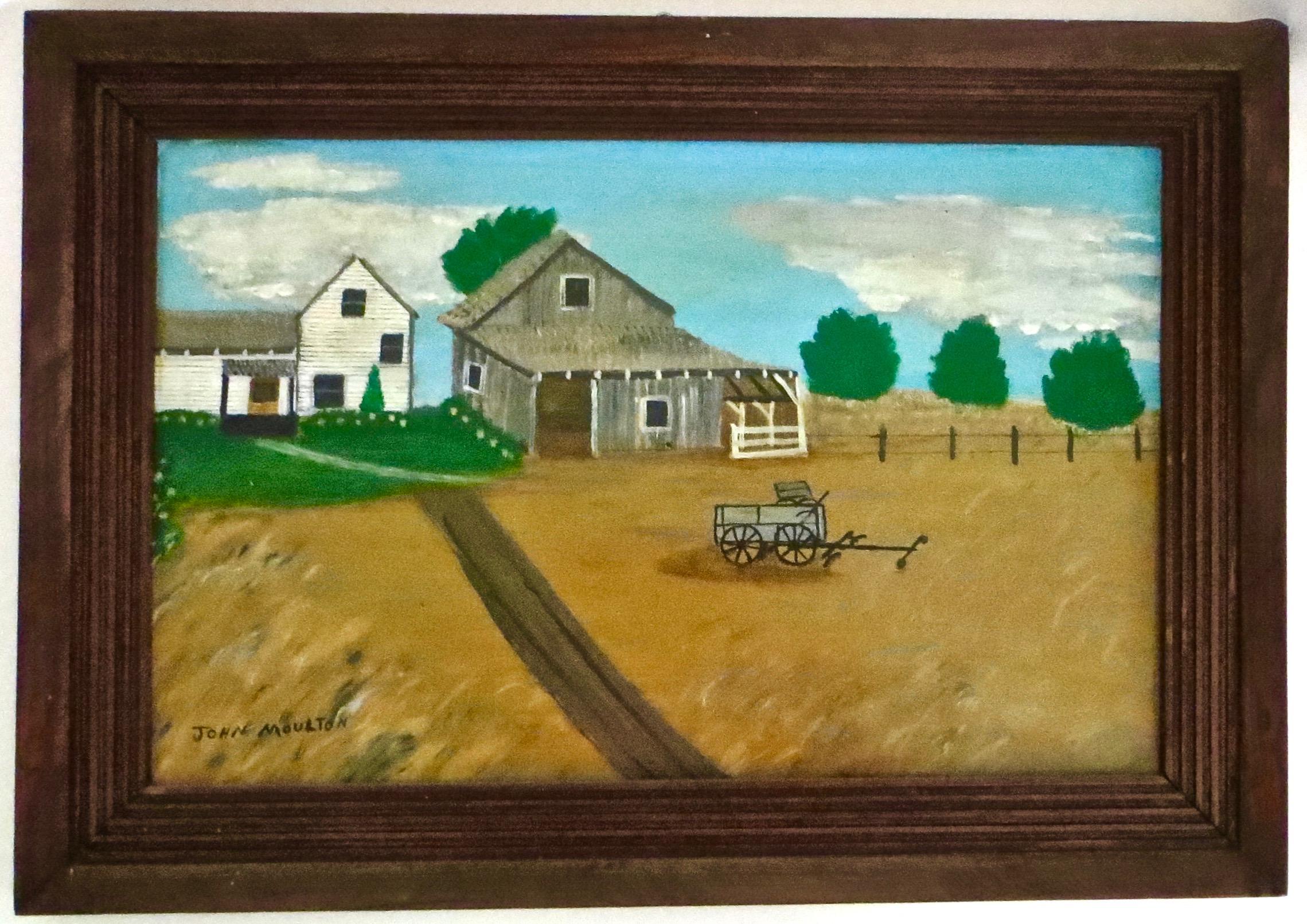 Volkskunstgemälde aus dem ländlichen Raum, Öl auf Masonit, „Homestead“ von John Moulton, um 1938 (Farbe) im Angebot