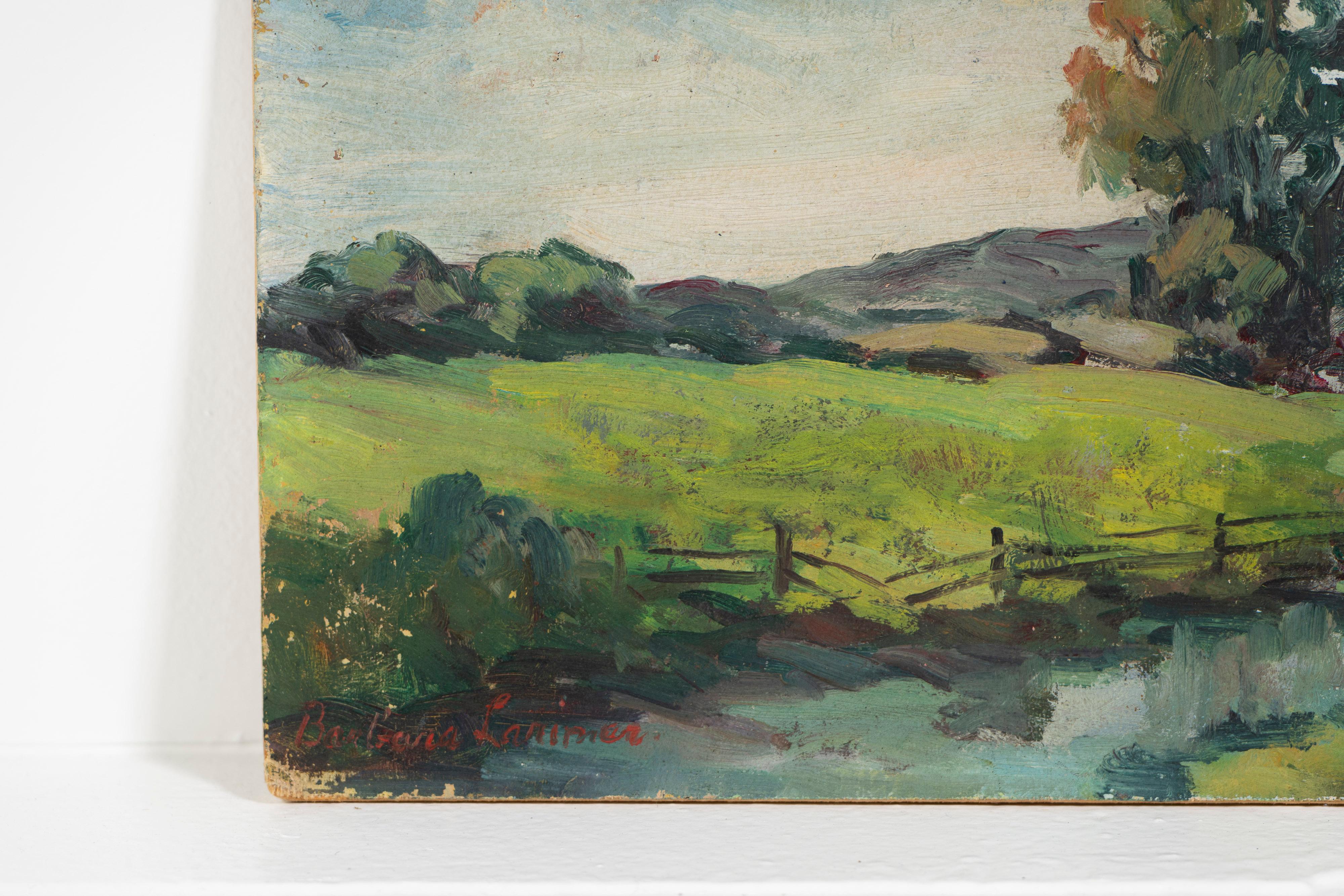 rural England, Kleines Ölgemälde auf Leinwand, ungerahmt, Barbara Larimer, Mitte des 20. Jahrhunderts (Nordamerikanisch) im Angebot