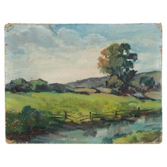 Petite huile sur toile, non encadrée, Barbara Larimer, Angleterre rurale, milieu du 20e siècle