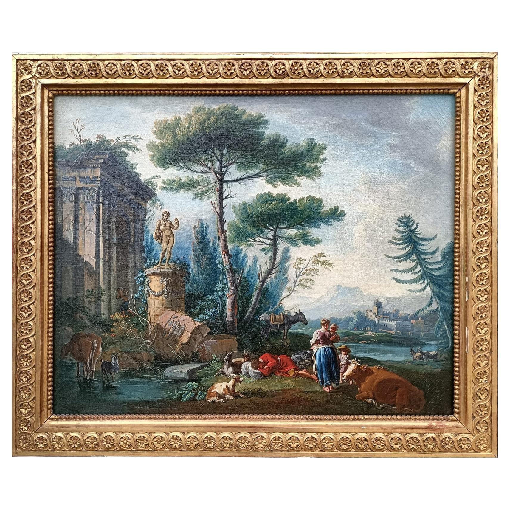 Rural Landscape Painting Attributed to J.B. Pillement, XVIII Century For Sale