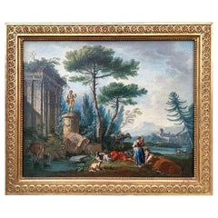 Antique Rural Landscape Painting Attributed to J.B. Pillement, XVIII Century