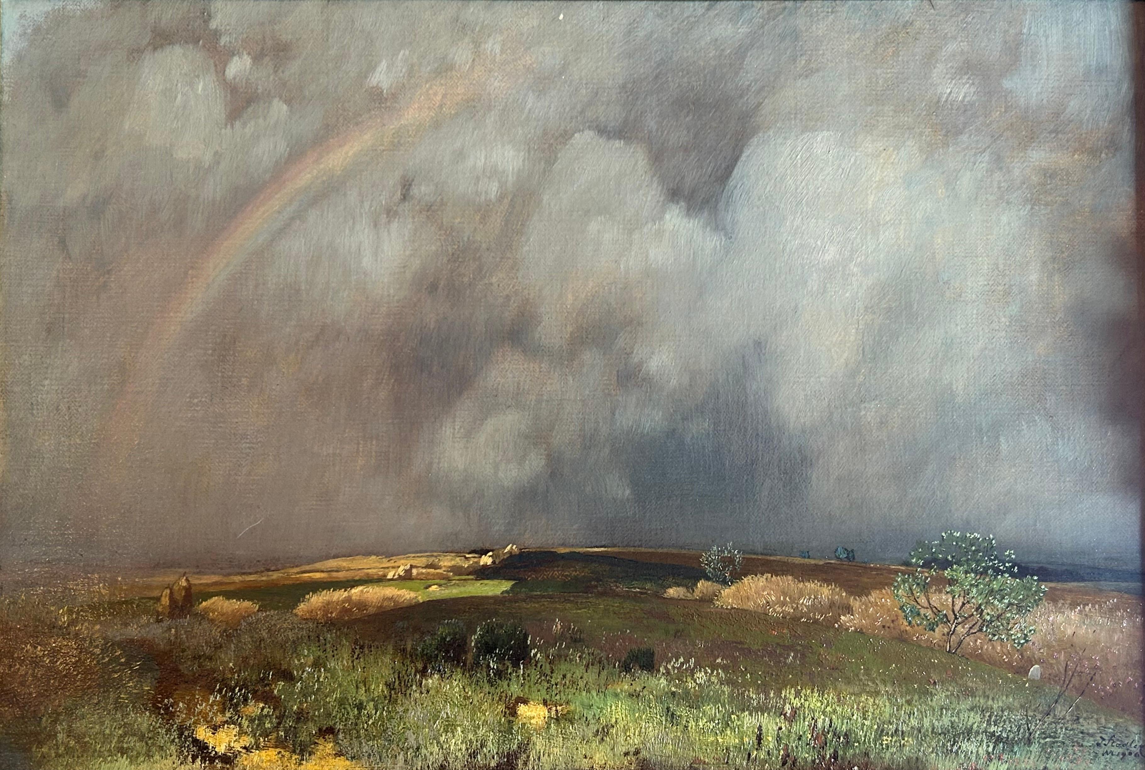Toni (Anton) von Stadler, Österreicher, 1850-1917.
Ländliche Landschaft mit Regenbogen
Signiert, beschriftet und datiert 
