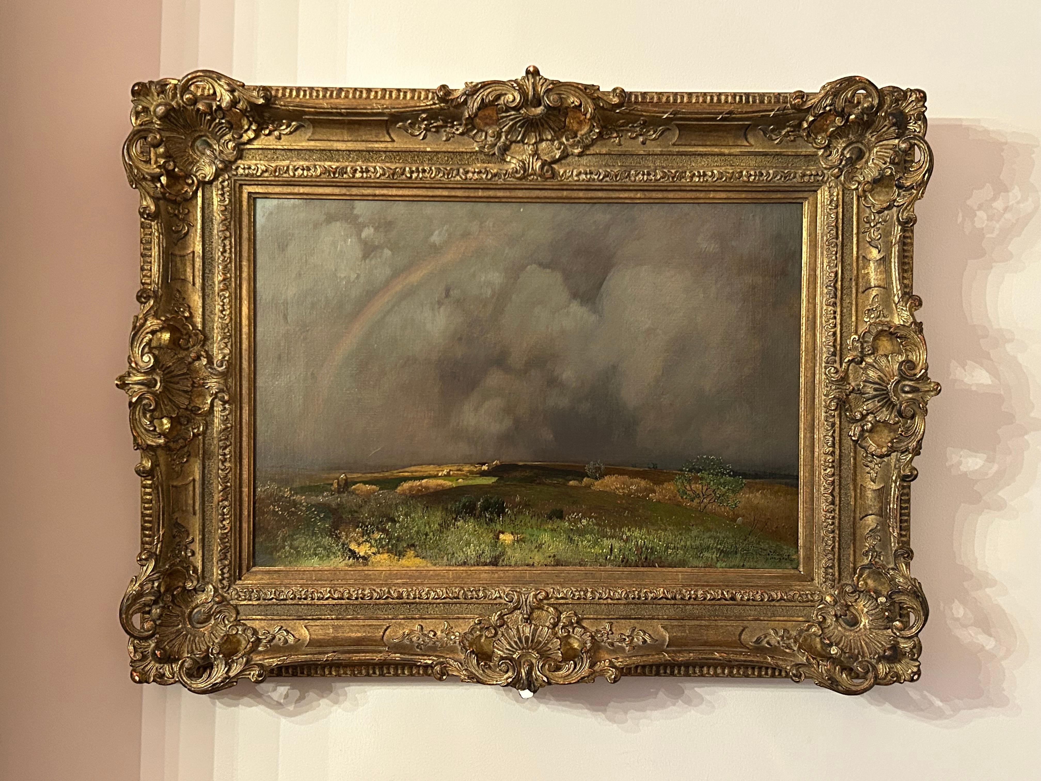 Ländliche Landschaft mit Regenbogen, Toni (Anton) Von Stadler, Österreich, 1850-1917 (Österreichisch) im Angebot