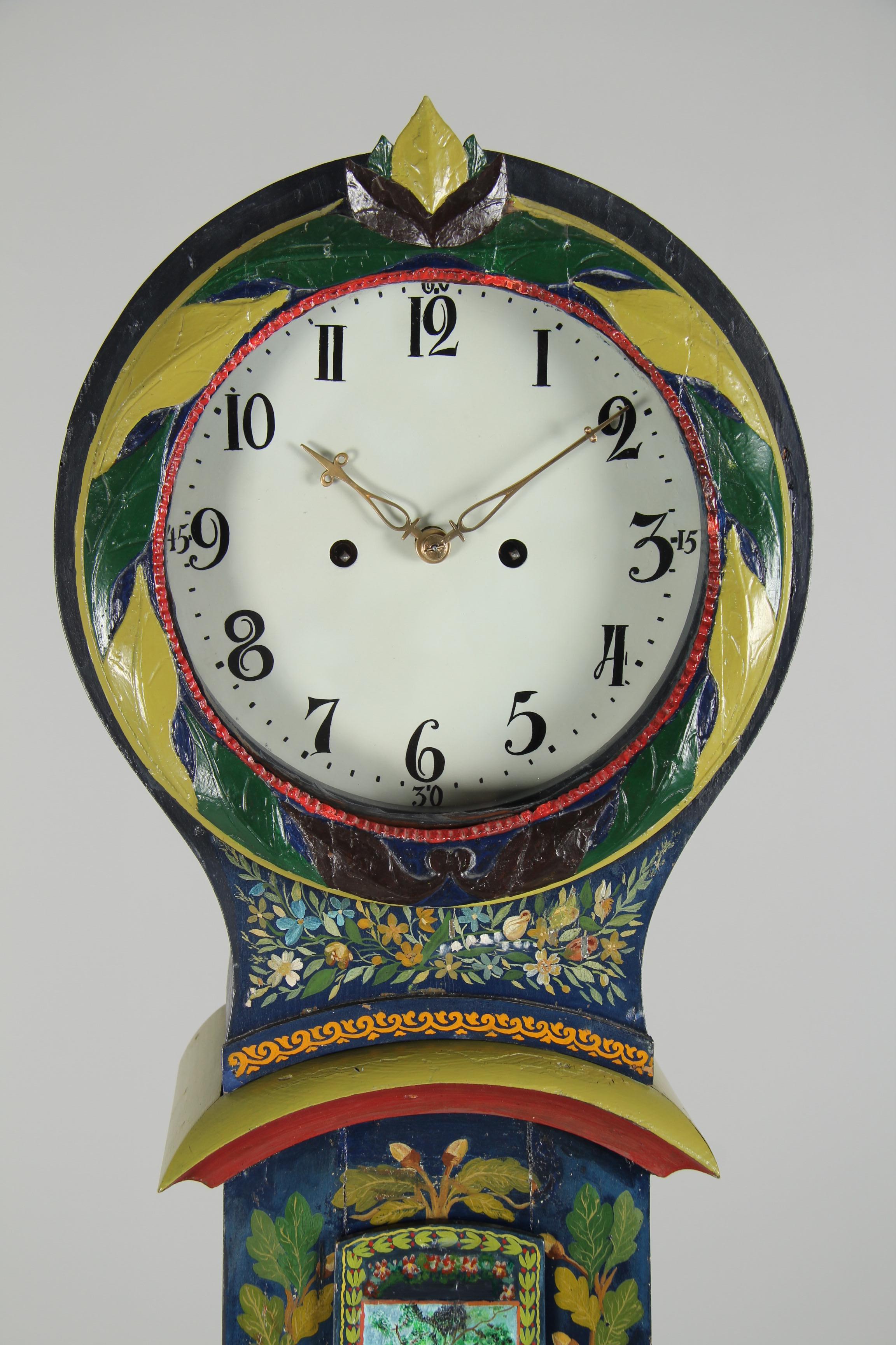 Wood Rural Painted Mora Longcase Clock, Sweden, circa 1900