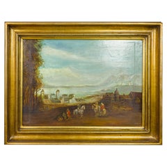 Rural Village Landscape With Horsemen Painting, Ornate Frame, 20th Century