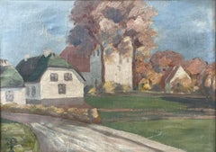 Village rural avec église - peinture à l'huile signée du Danemark, début du 20e siècle