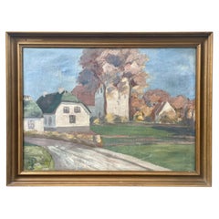 Village rural avec église - peinture à l'huile signée du Danemark, début du 20e siècle