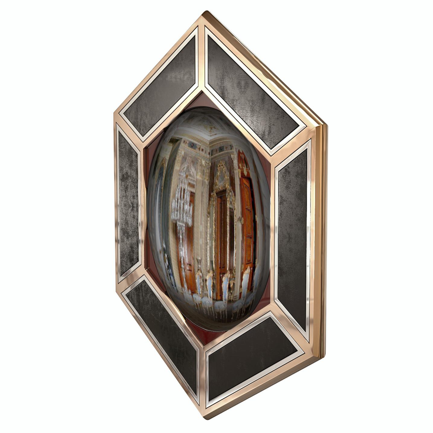 Fait main Miroir mural convexe « Ruscello's Eleganze » avec bronze et cuir, Istanbul en vente