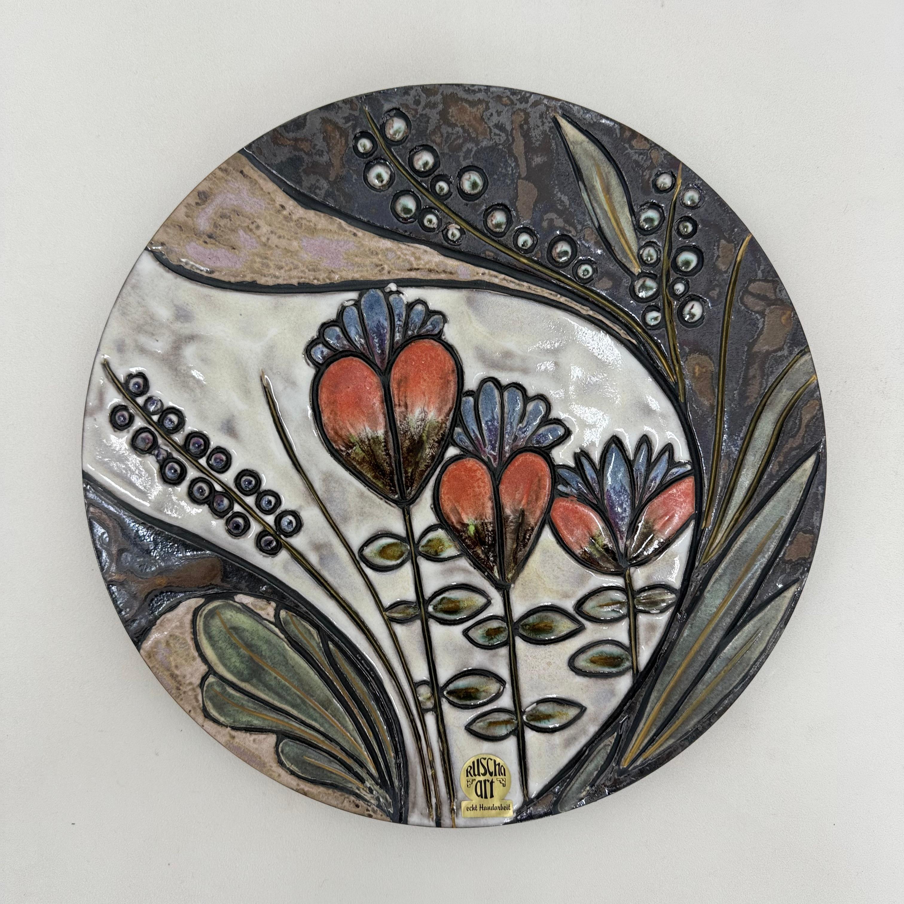 Ruscha Handarbeit cerámica floral  placa de pared , años 70 Alemania en venta 4