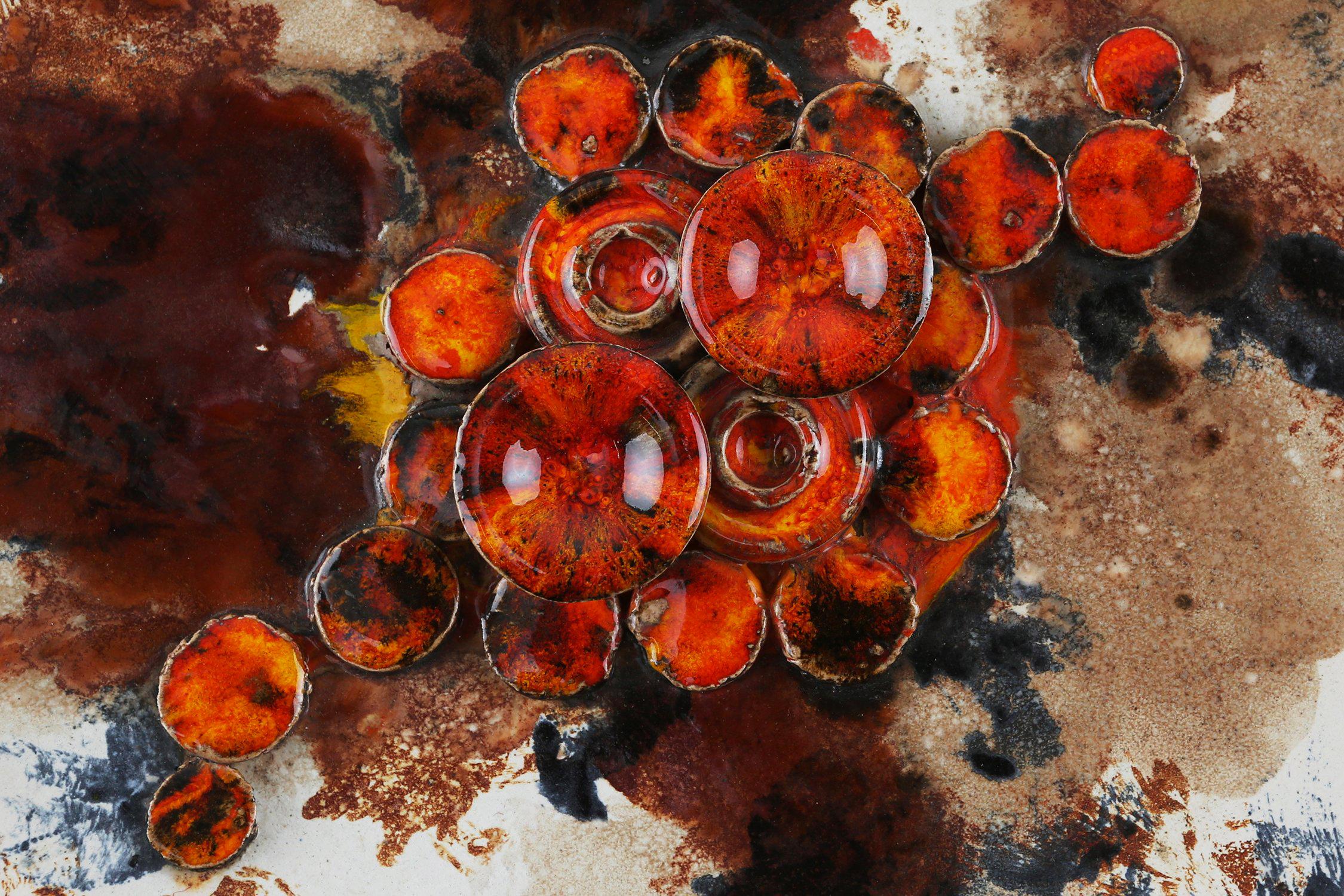 Glazed Ruscha Keramik fat lava wall plate mushrooms 717/3, West Germany 1970s For Sale