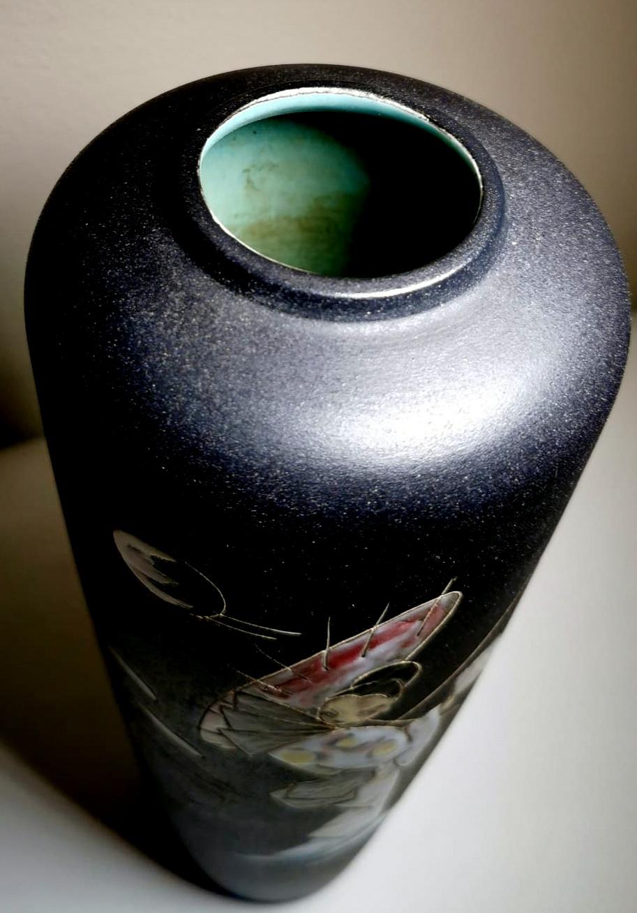 Émaillé Vase vintage en céramique Ruscha Keramik Allemagne avec décoration japonaise en vente