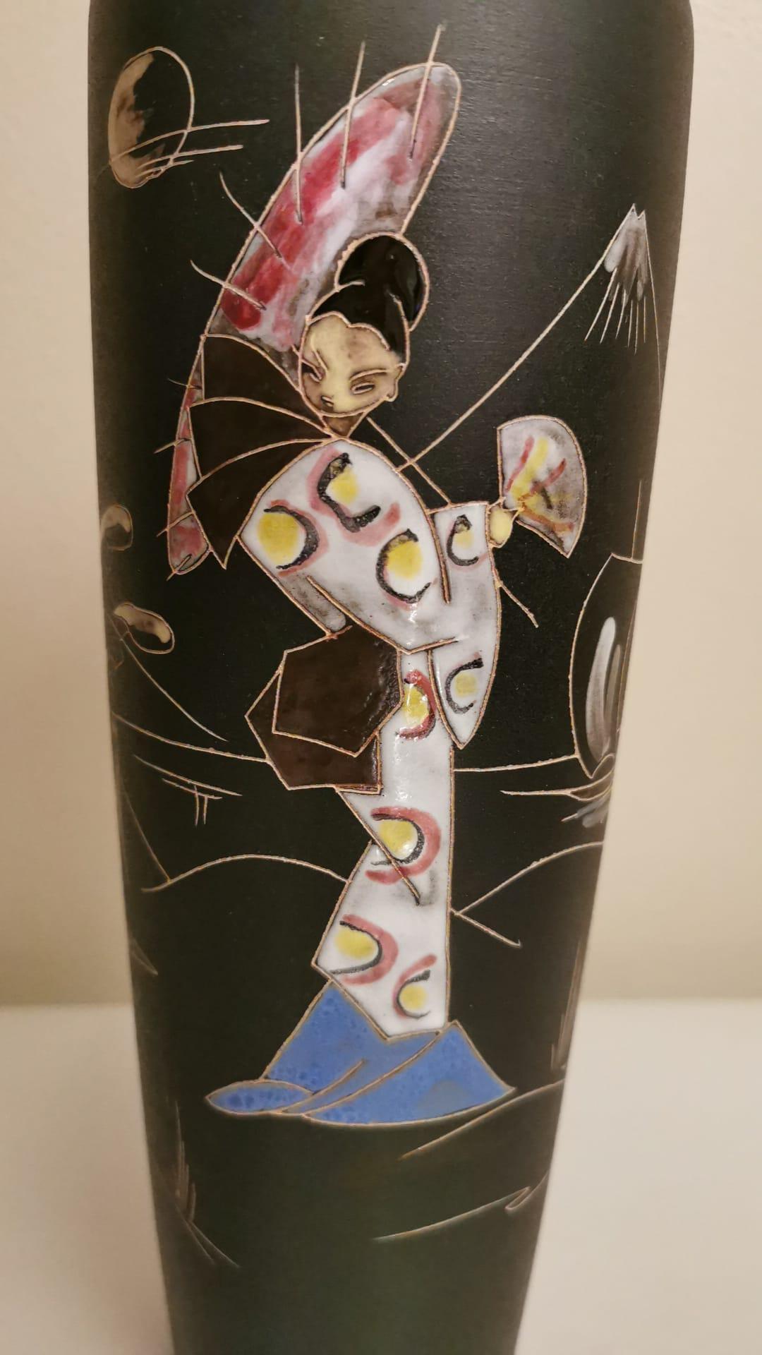 Ruscha Keramik Germany Vintage Ceramic Vase With Japanese Decoration In Good Condition For Sale In Prato, Tuscany
