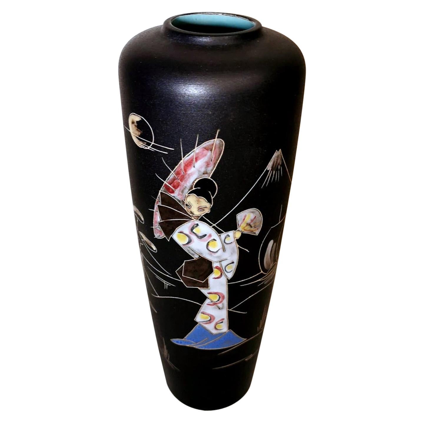 Vase vintage en céramique Ruscha Keramik Allemagne avec décoration japonaise
