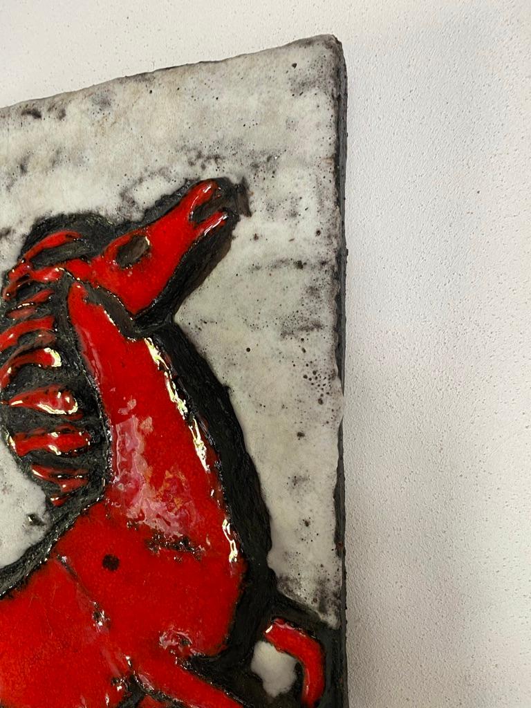 Mid-20th Century Ruscha Keramik, Series Vulcano Plaque with Rearing, Red Glazed Horse 1968 For Sale