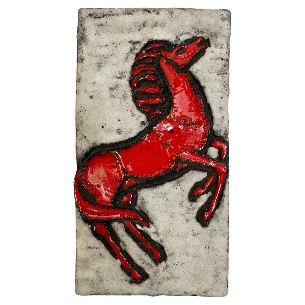 Ruscha Keramik, Series Vulcano Plaque with Rearing, Red Glazed Horse 1968 For Sale