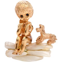 Ruser 14 Karat Gold Sapphire Mother of Pearl Wednesday Child Dog Pin