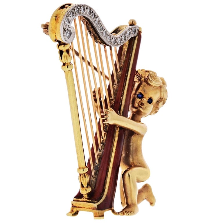 Ruser 14 Karat Yellow Gold Retro Diamond Cherub Harp Pin Brooch at 1stDibs