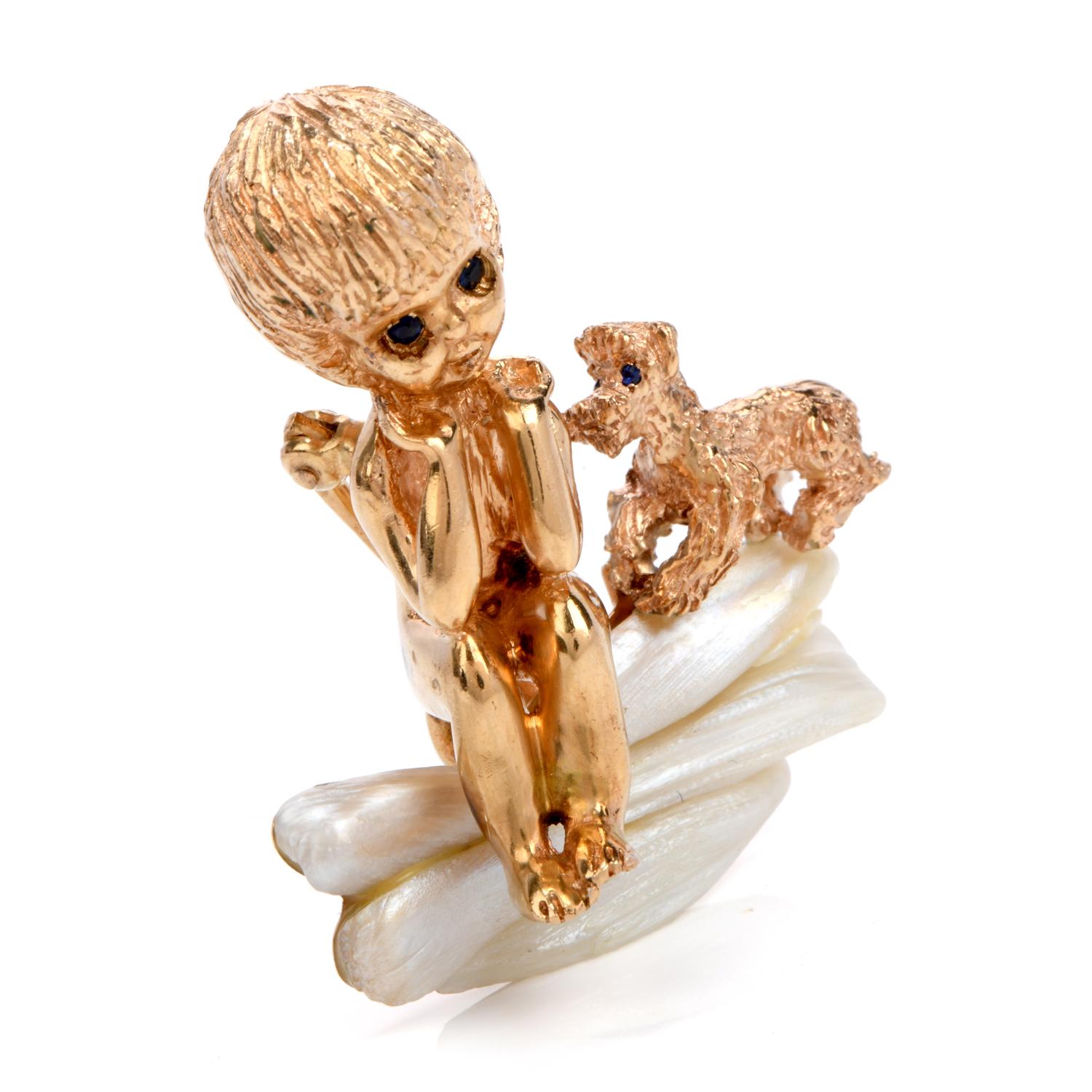 This adorable and beautiful 18K Gold Sapphire Mother of Pearl Child & dog Pin is crafted and signed by Ruser.  The

inscription engraved on the back of the pin displays the line of the traditional day-of-the week nursery rhyme:

“Wednesday’s child