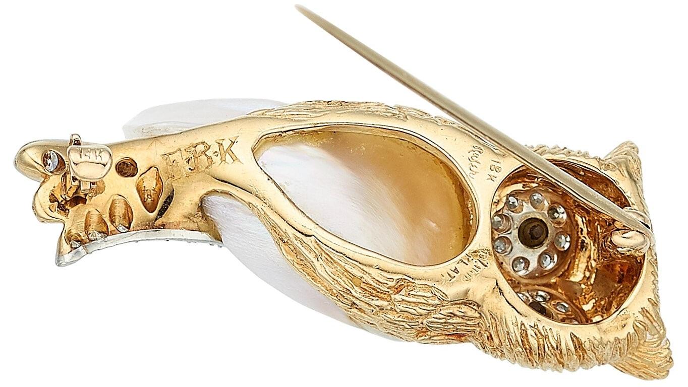 Modern Ruser 18k Gold Freshwater Cultured Pearl Owl Brooch with 0.60 Carat Diamonds For Sale