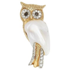 Ruser 18k Gold Freshwater Cultured Pearl Owl Brooch with 0.60 Carat Diamonds
