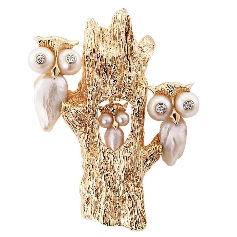 Ruser 1950s Owls Gold Platinum Pearl Diamond Brooch at 1stDibs