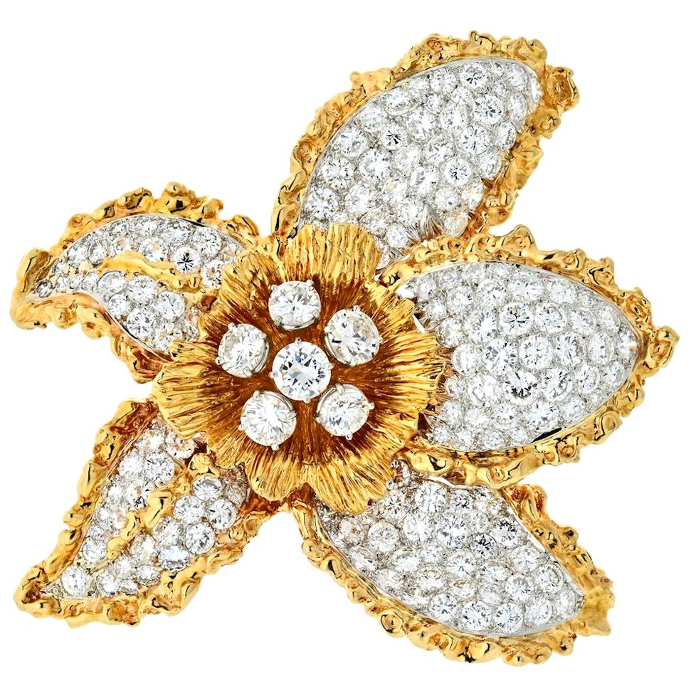Ruser 1960s 18 Karat Two-Tone Flower with Pave Set Diamond Leaves Brooch