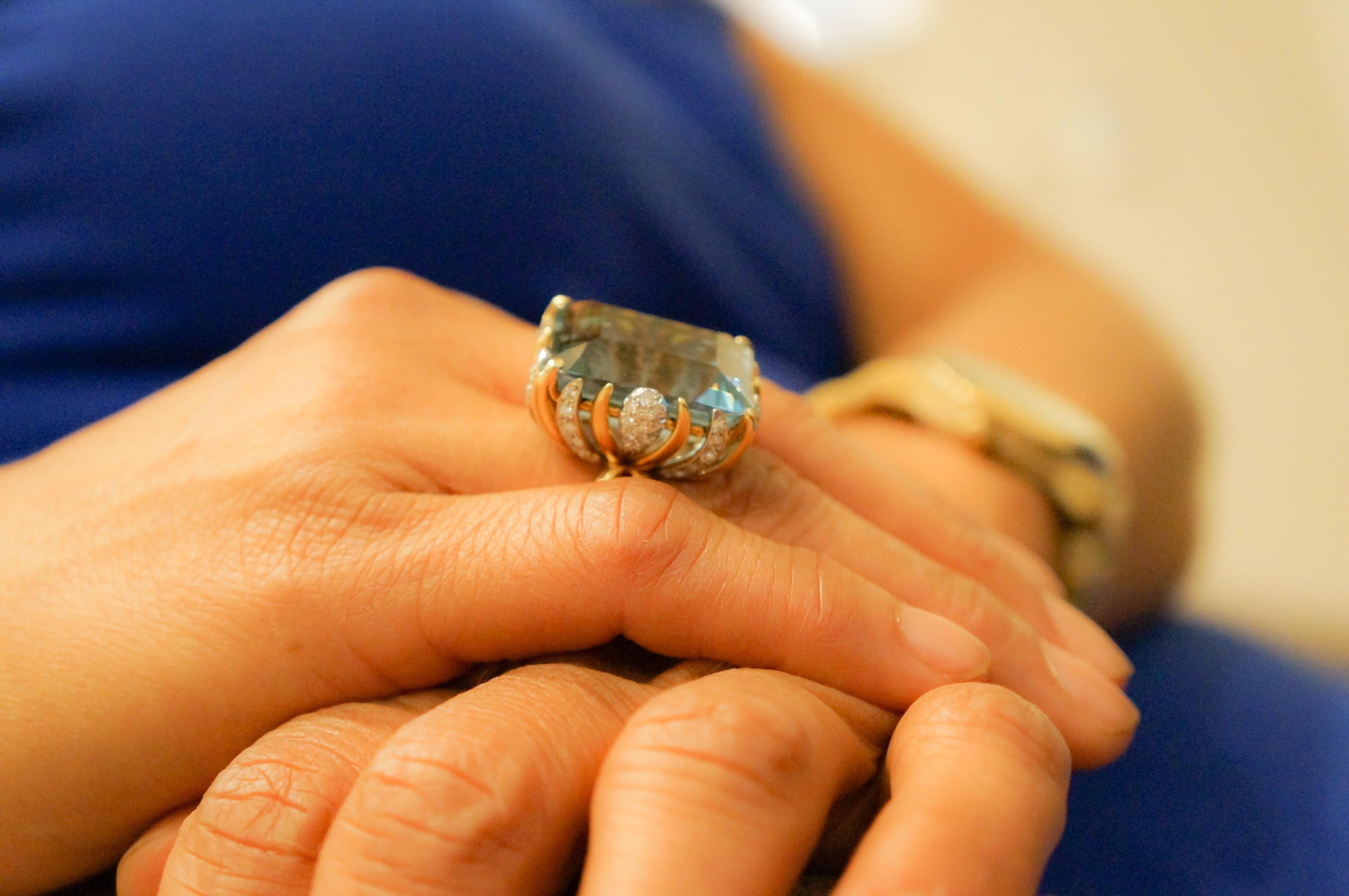 Women's Ruser 1960's Aquamarine Diamond Gold and Platinum Ring