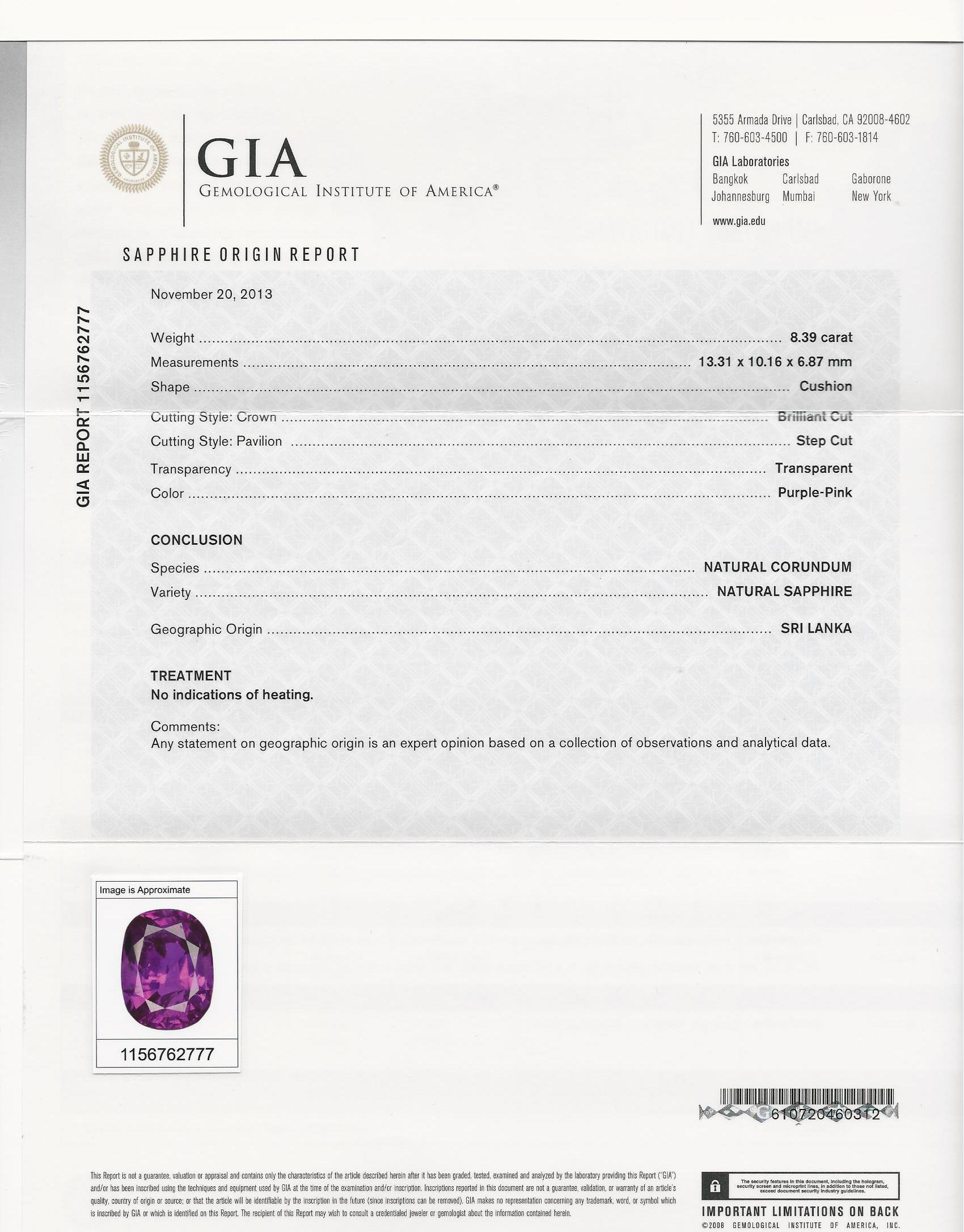 Ruser 8.39 Carat Pink Sapphire and Diamond Ring Set in Platinum, GIA, No Heat 2