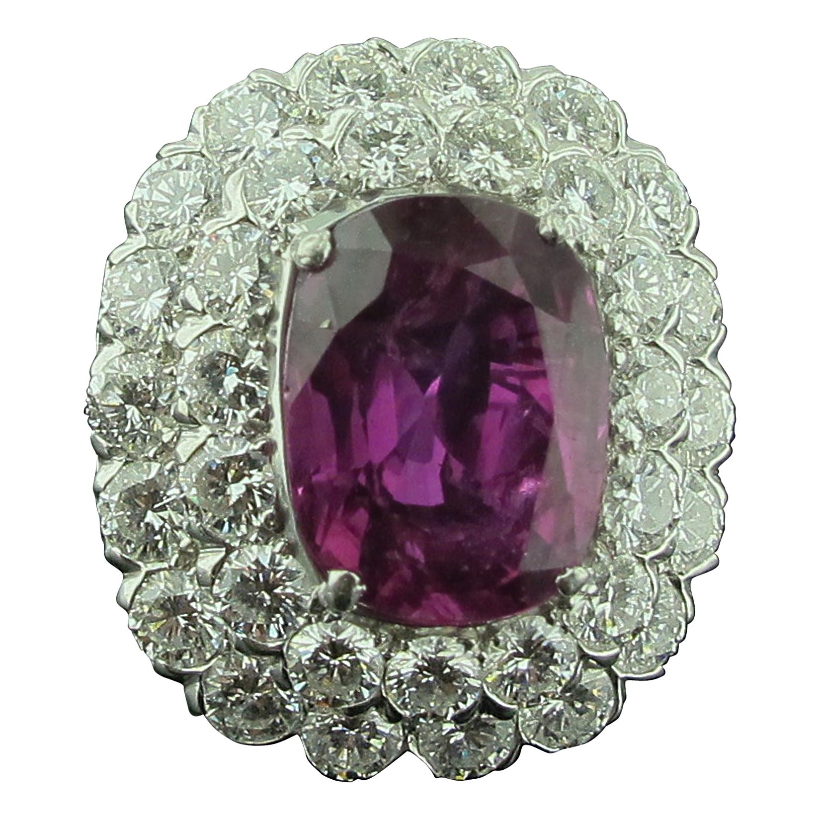 Ruser 8.39 Carat Pink Sapphire and Diamond Ring Set in Platinum, GIA, No Heat