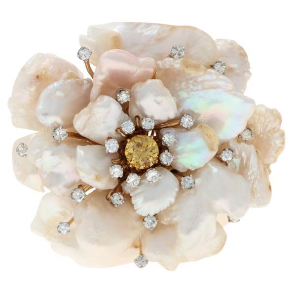 Ruser Diamond Baroque Pearl Vintage Flower Brooch Gold 14k Plat 1.23ctw GIA Pin For Sale