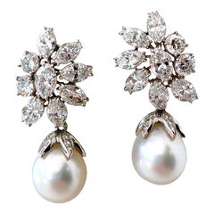 Ruser Diamond Platinum Earrings with Removable South Sea Pearl Dangles