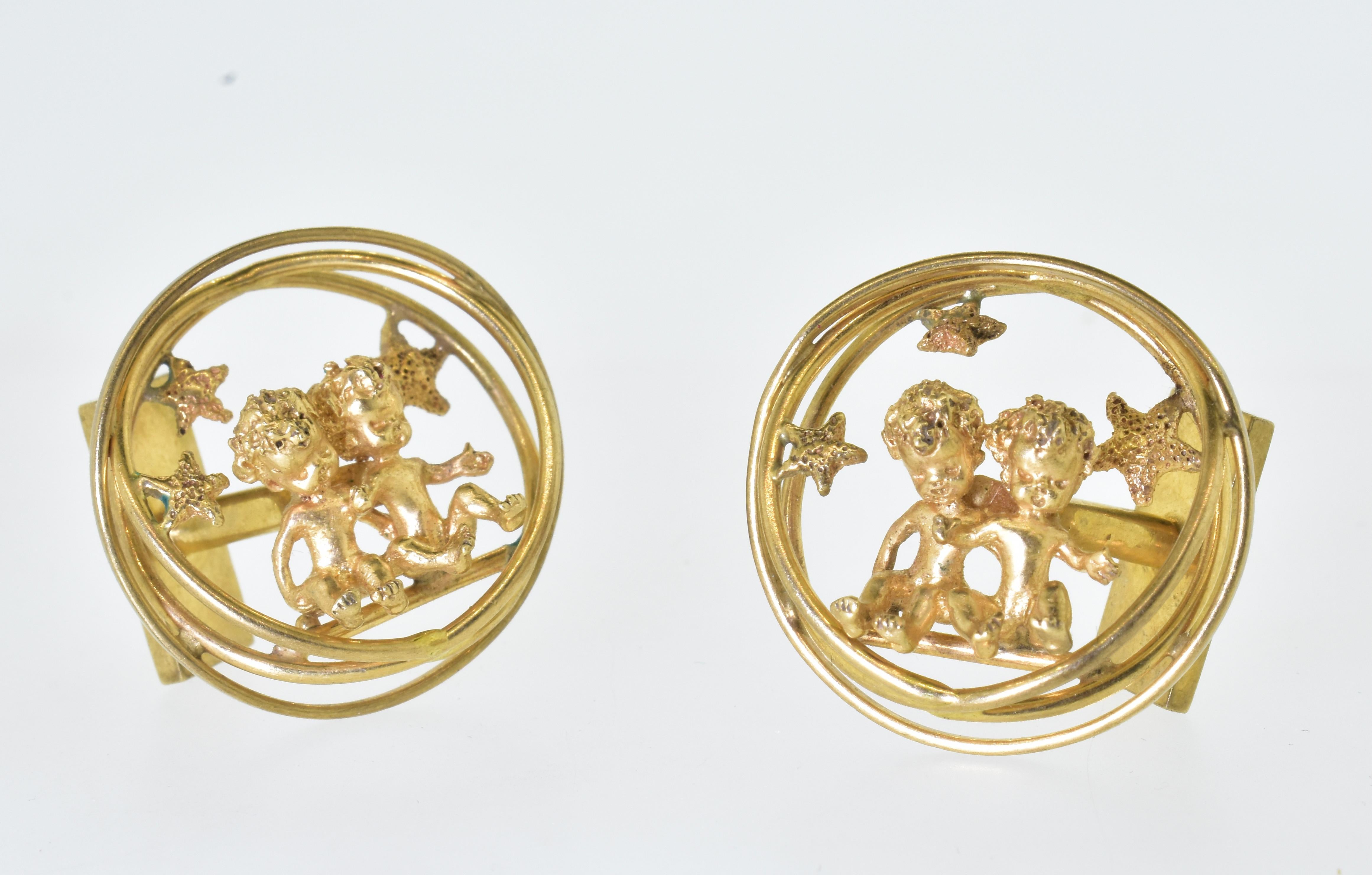 William Ruser, the famous American designer is know for his charming angel motif jewelry.  These cufflinks and rarely seen today.  Made in the 1950's, these cufflinks are well made, a large size and in fine condition.  The backs are canted so one is