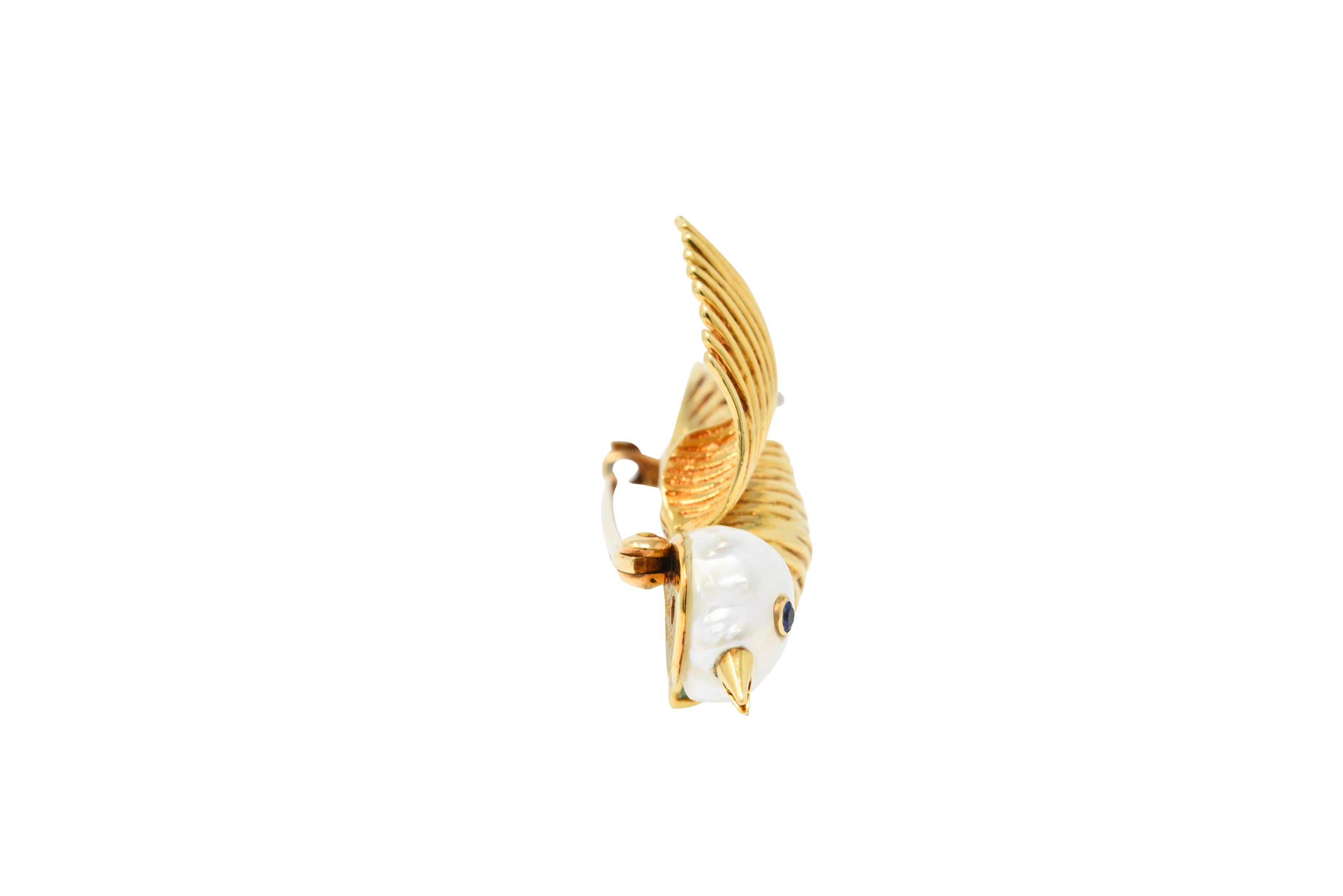 Contemporary Ruser Jade Baroque Pearl Diamond Sapphire Platinum 18 Karat Gold Bird Brooch