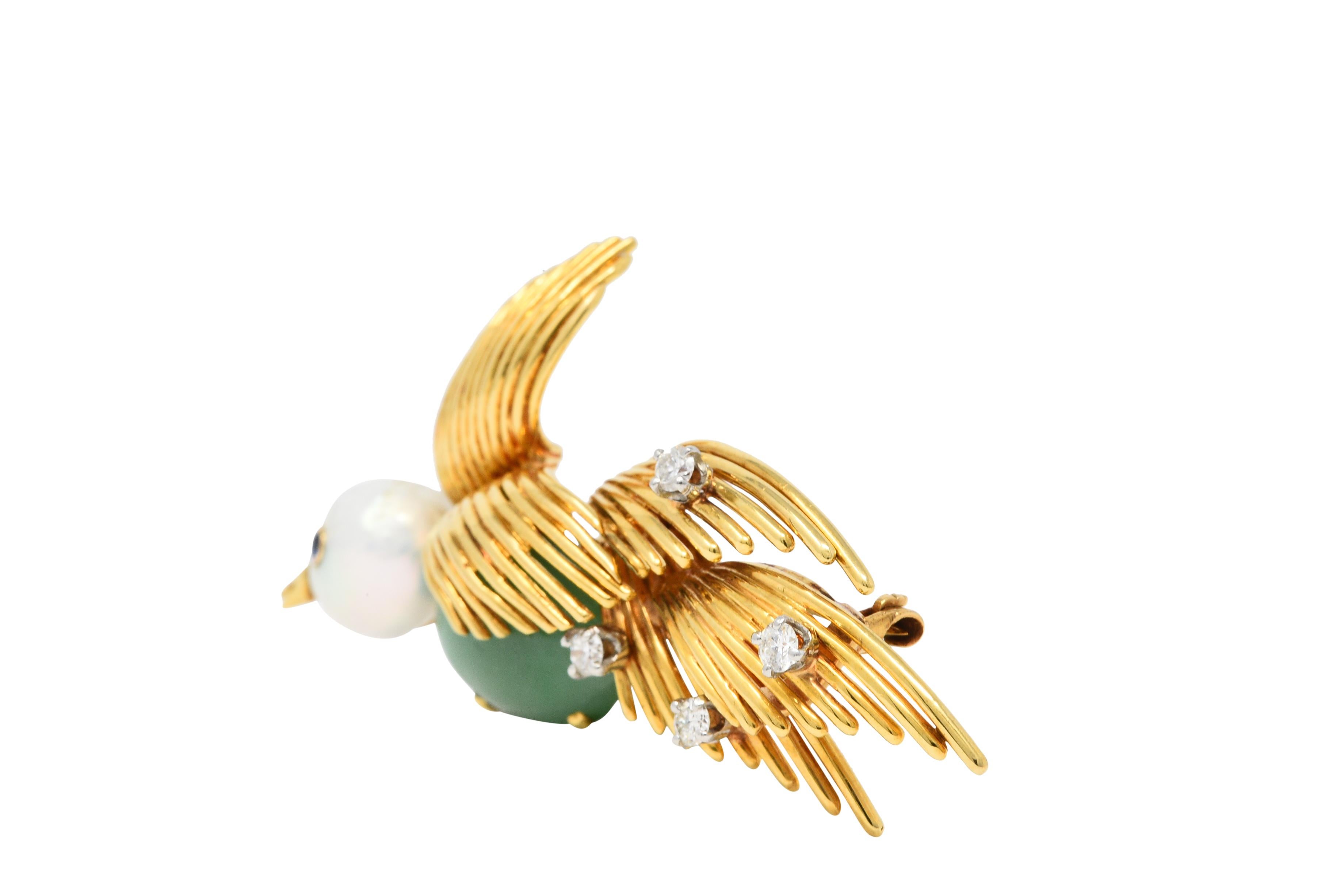 Women's or Men's Ruser Jade Baroque Pearl Diamond Sapphire Platinum 18 Karat Gold Bird Brooch