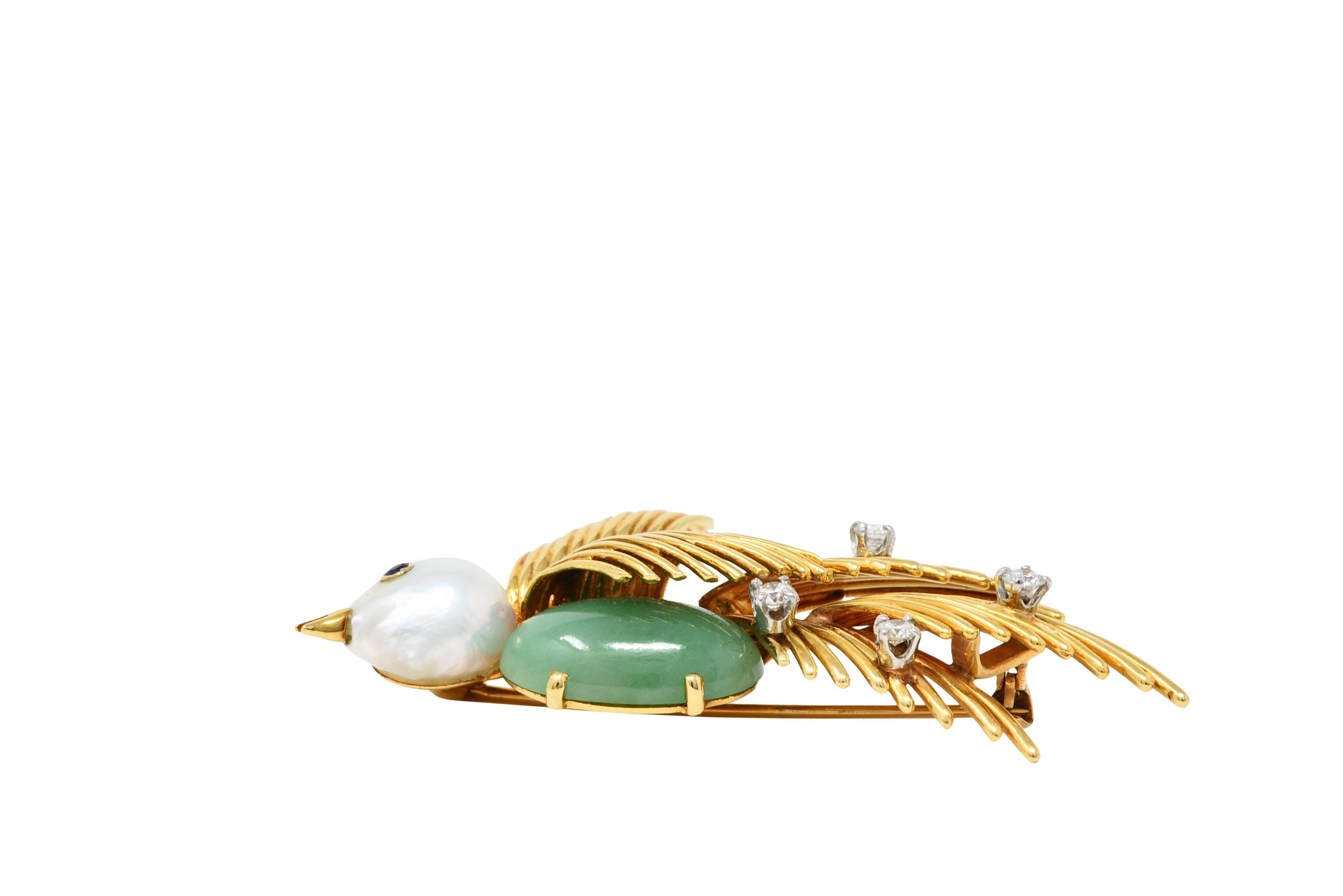 Ruser Jade Baroque Pearl Diamond Sapphire Platinum 18 Karat Gold Bird Brooch 3