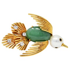 Vintage Ruser Jade Pearl Diamond Sapphire Platinum 18 Karat Gold Bird Brooch Circa 1960