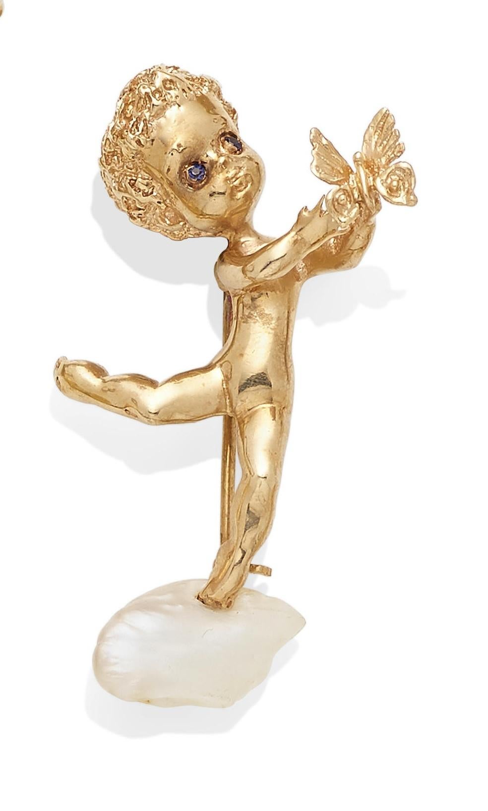 Women's or Men's Ruser Mississippi River Pearl and Sapphire 14k Gold Angel Pendant 10.80g
