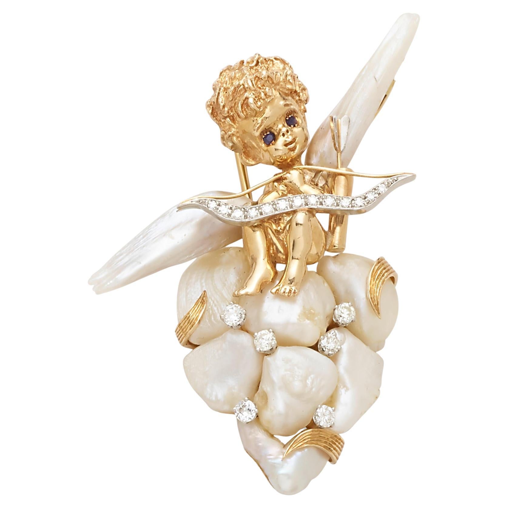 Ruser Mississippi River Pearl Diamond Sapphire and 14k Gold Cherub Angel Brooch