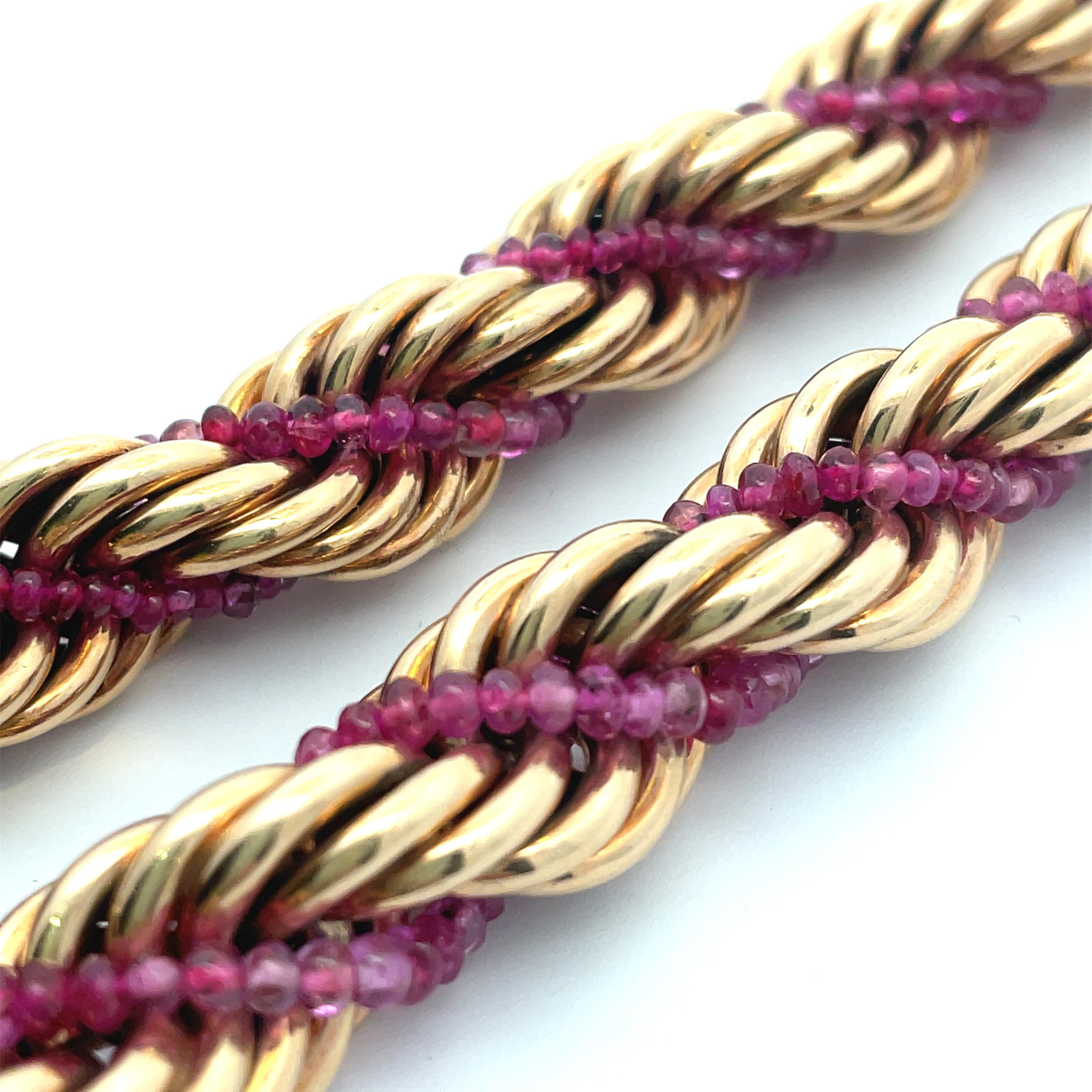 Ruser Pair of Gold and Ruby Bead Rope Bracelets For Sale 2