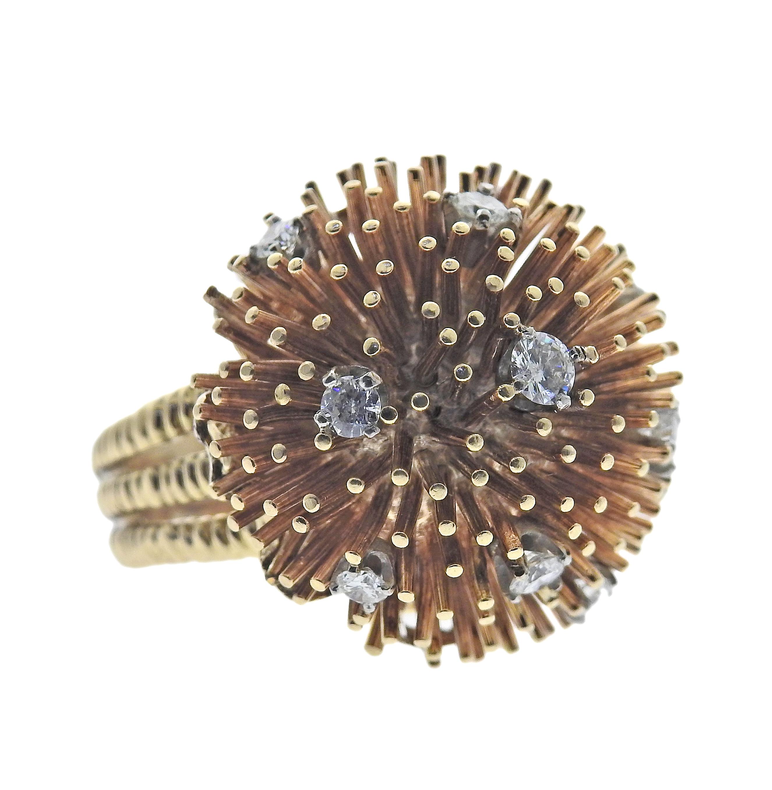 Round Cut Ruser Retro Gold Diamond Bombe Ring For Sale