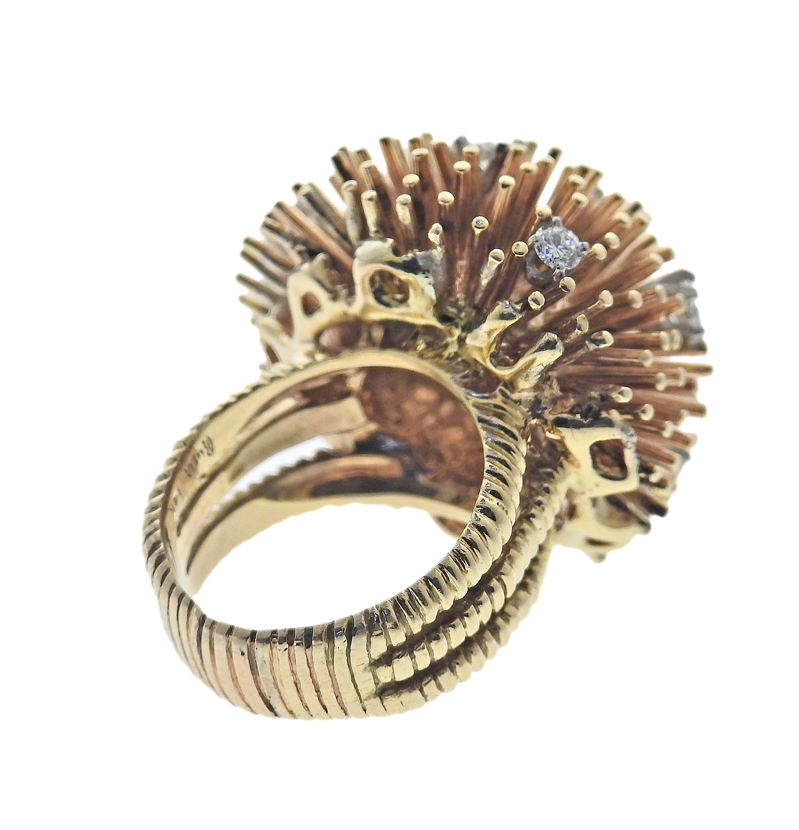 Ruser Retro Gold Diamond Bombe Ring In Good Condition For Sale In Lambertville, NJ